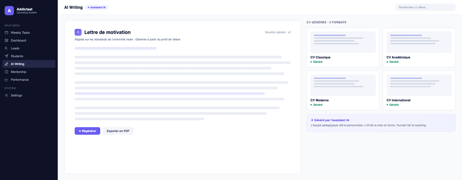 Illustration du module AI Writing de l'Operating System Addictest : lettre de motivation générée et CV en 4 formats