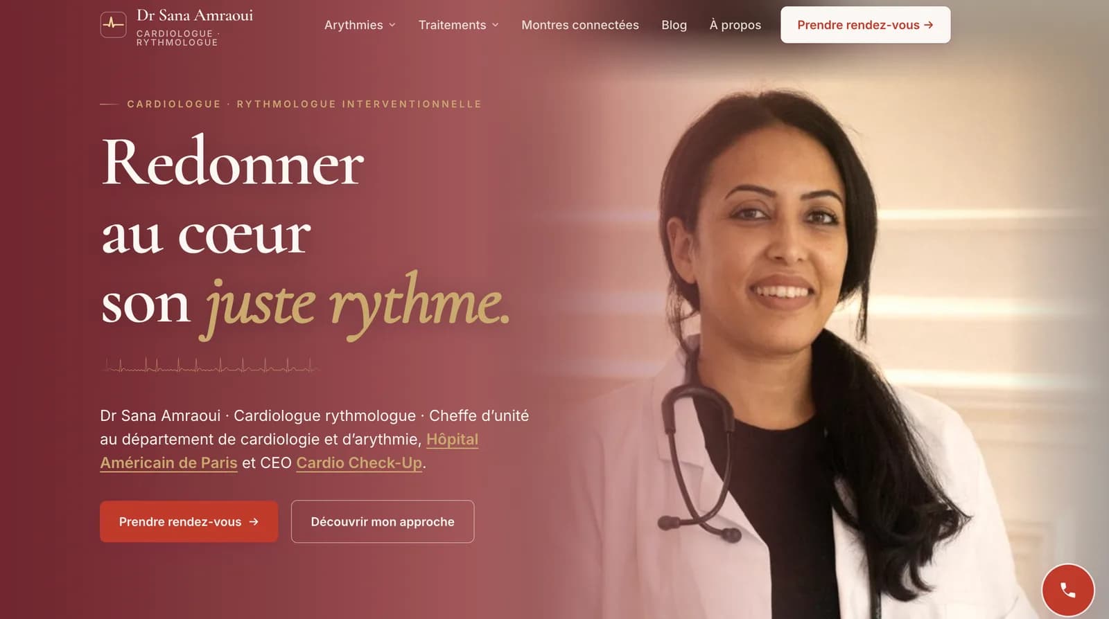 Site de la praticienne : cardiologue rythmologue interventionnelle, parcours de rendez-vous et présentation de l'approche