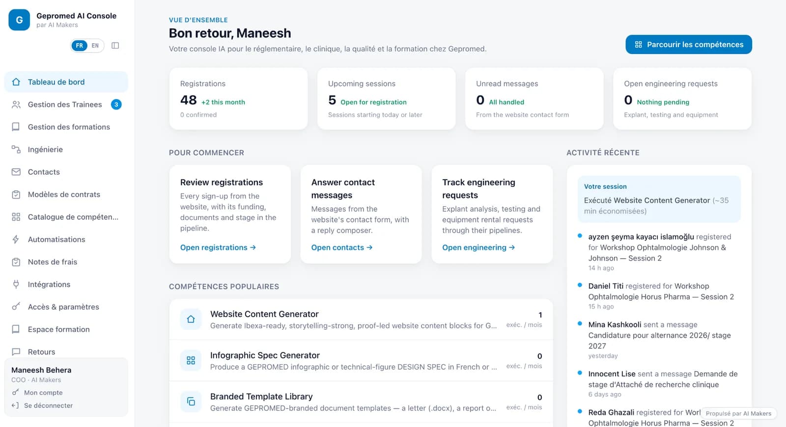 Capture de la Gepromed AI Console montrant les modules métier, les automatisations et le catalogue de compétences